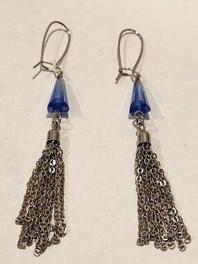 Blue & Silver Tone Chain Tassel Earrings